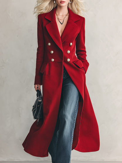 Vintage Double-breasted Pearl-button Lapel Red Coat