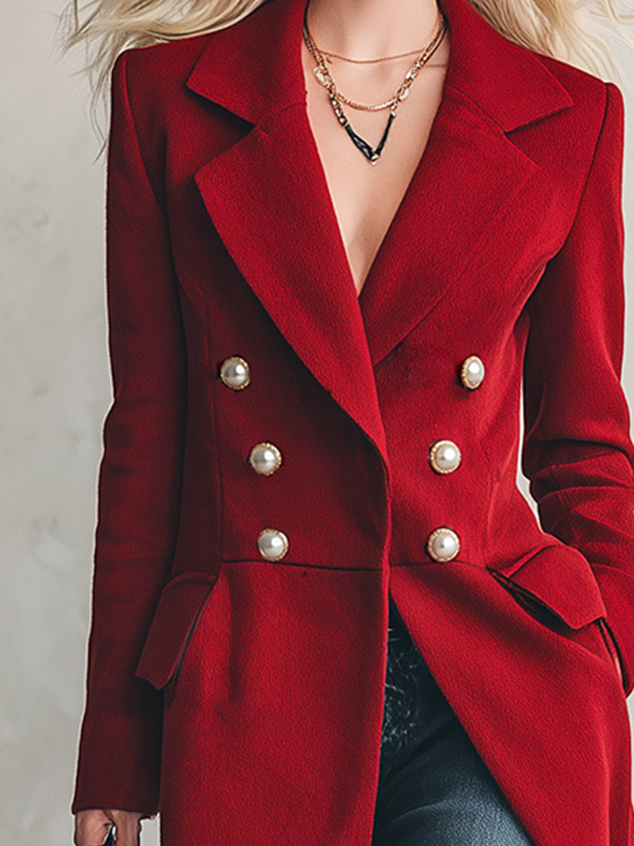 Vintage Double-breasted Pearl-button Lapel Red Coat