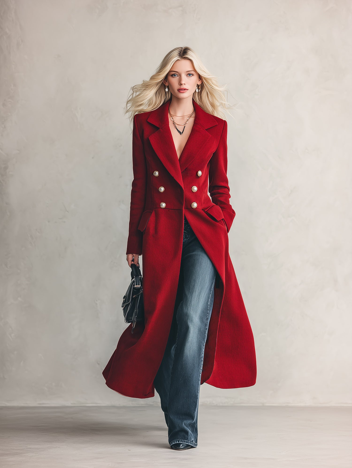 Vintage Double-breasted Pearl-button Lapel Red Coat