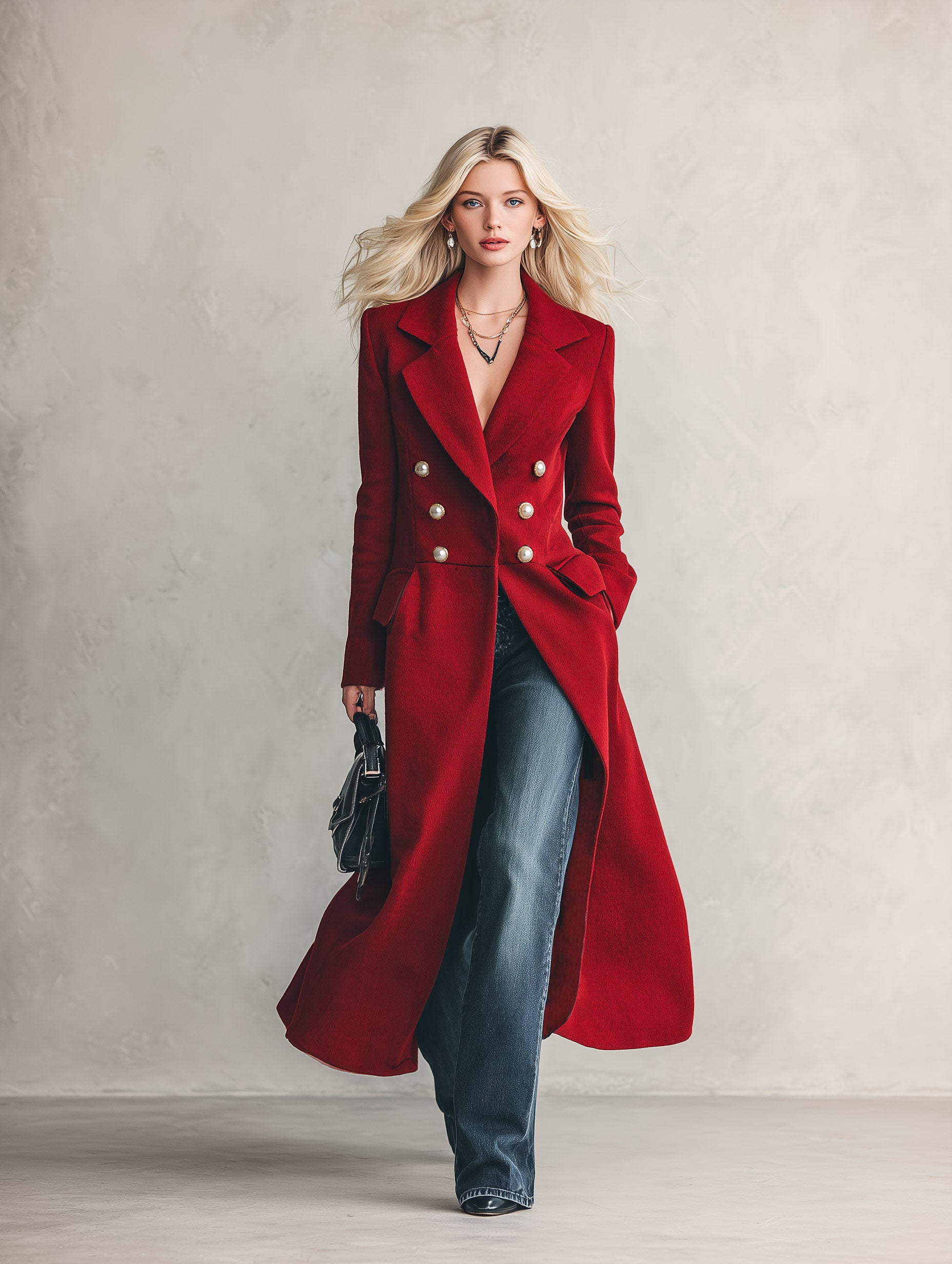 Vintage Double-breasted Pearl-button Lapel Red Coat