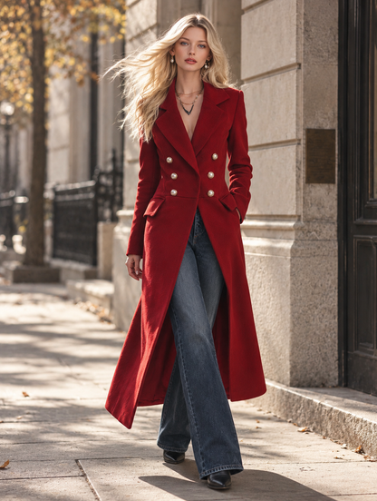 Vintage Double-breasted Pearl-button Lapel Red Coat