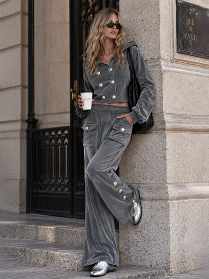 Casual Urban Grey Hooded Top And Multi-Pocket Wide-Leg Pants Velour Set