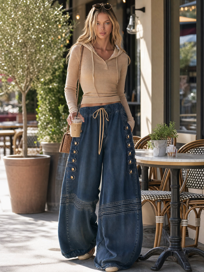 Boho Vintage Military Washed Blue Baggy Wide Leg Barrel Jeans Drawstring Elastic Waist