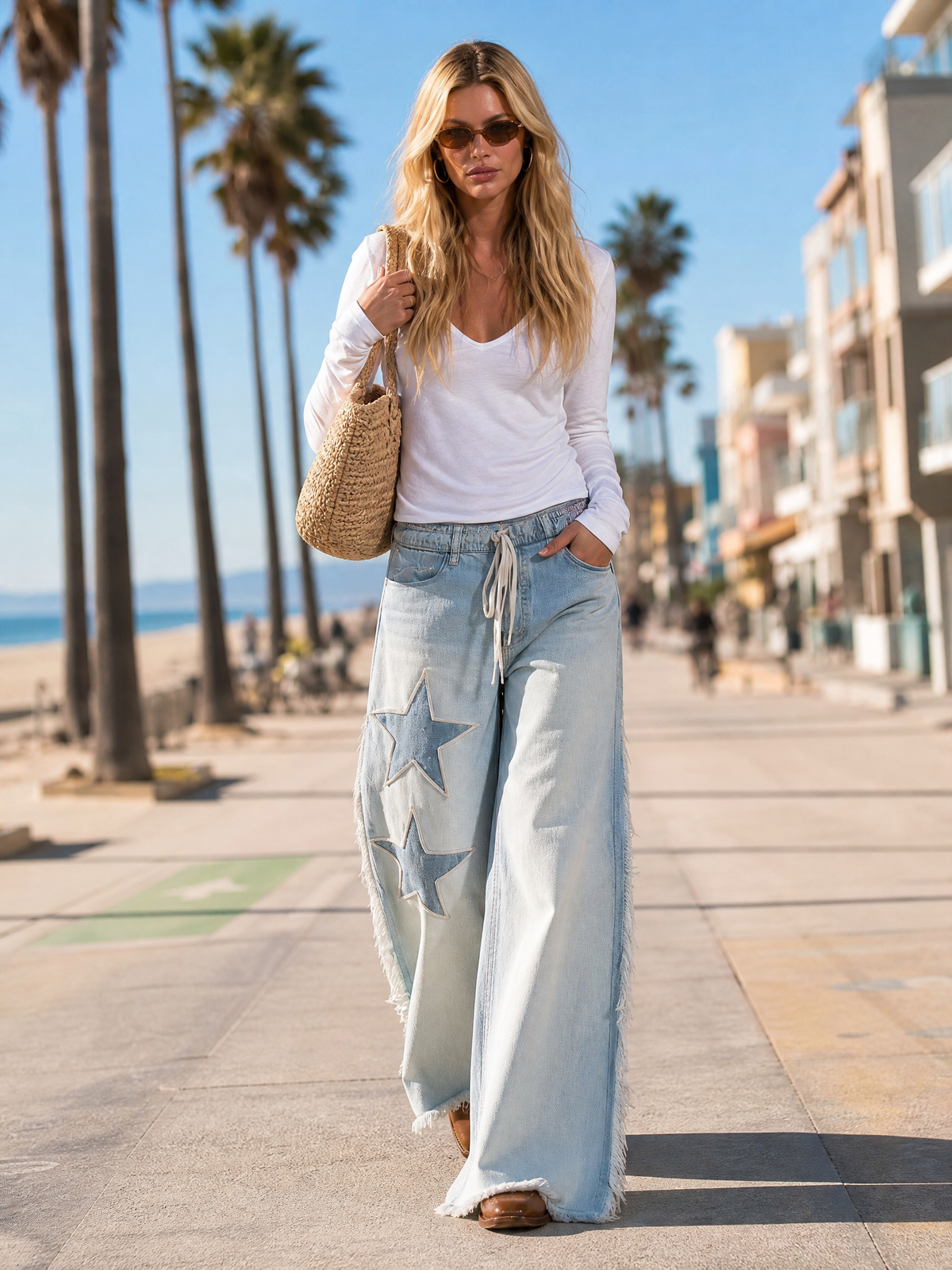 Western Vintage Star Patch Light Wash Fringe Wide Leg Jeans Drawstring Waist