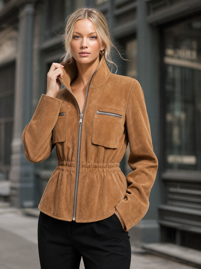 Retro-casual Faux Suede Jacket With An Elasticated Waist