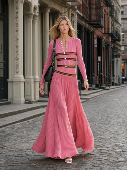 Retro-casual V-neck Vertical-ribbed Knit Maxi Dress