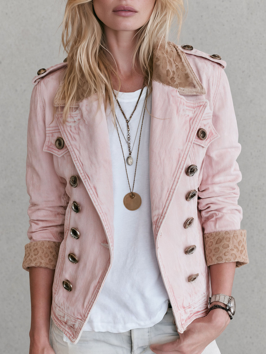 Military-style Retro Faux Suede Leopard Print Patchwork Pink Denim Jacket