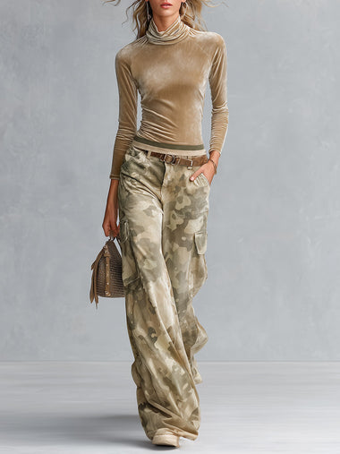 Retro Casual Khaki Top And Camouflage Cargo Pants Velour Set