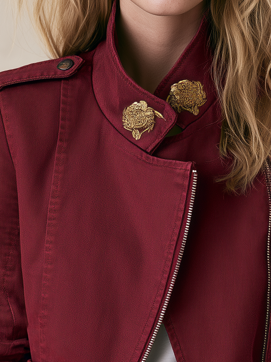 Women’s Burgundy Military Moto Jacket With Gold Buckle Details