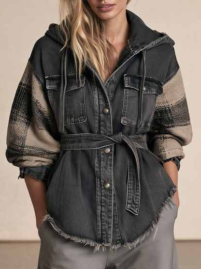 Women’s Hooded Denim Shacket With Plaid Sleeves And Belt