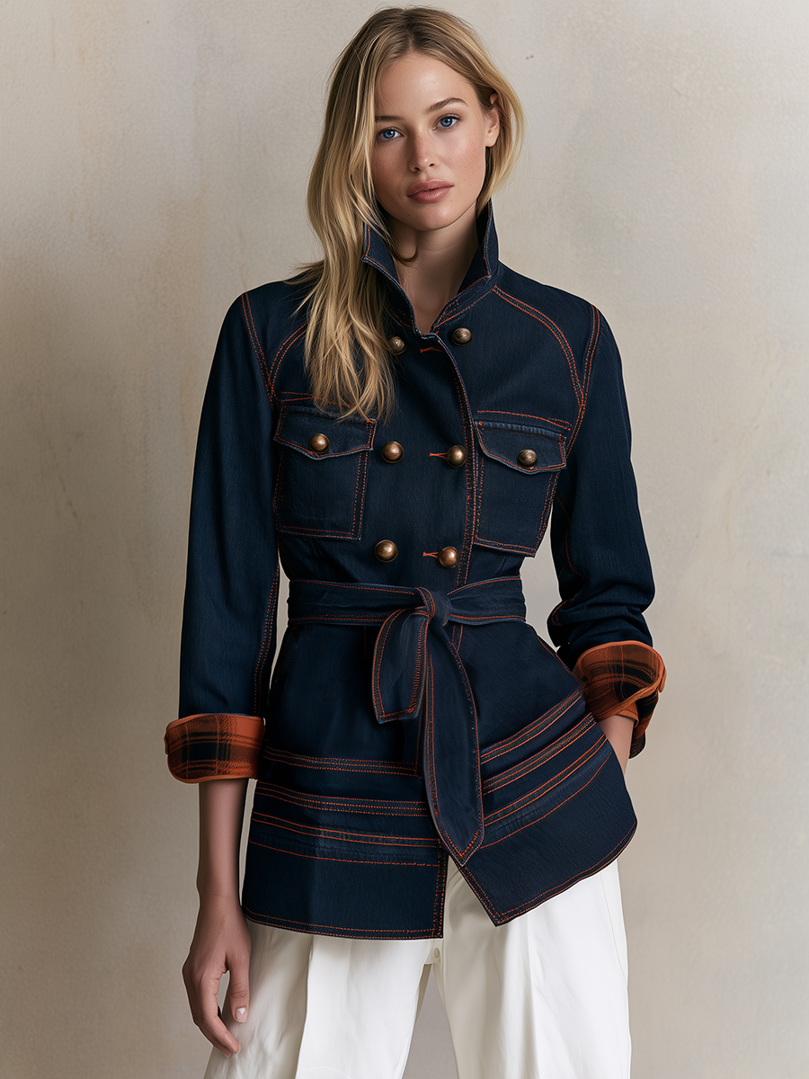 Women’s Navy Double-Breasted Denim Military Jacket With Belt