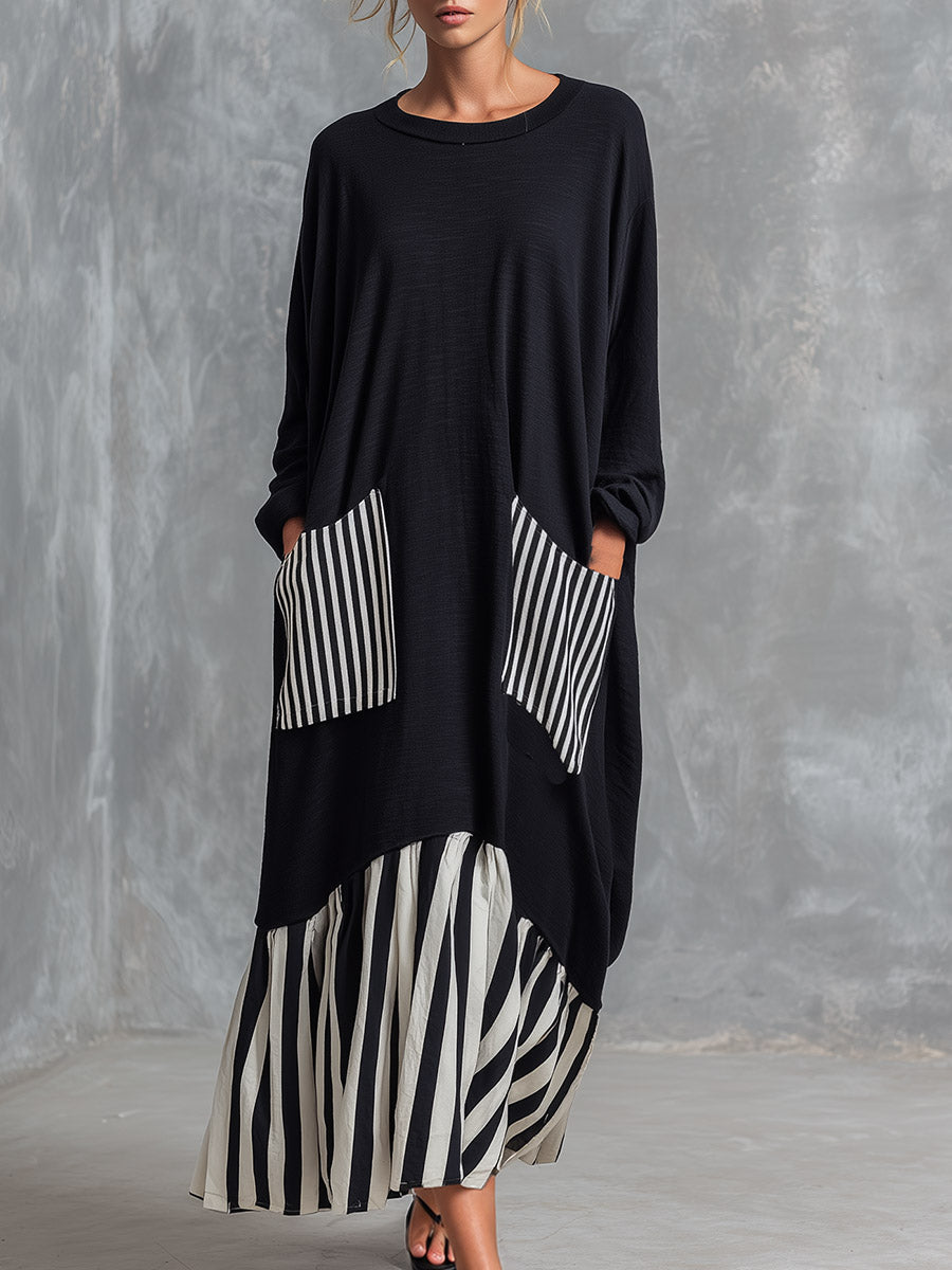 Casual Minimalist Black Cotton Patchwork-style Striped Oversized Maxi Dress