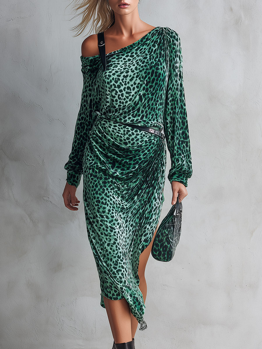 City Party Asymmetric Neckline Green Leopard Print Velvet Midi Dress