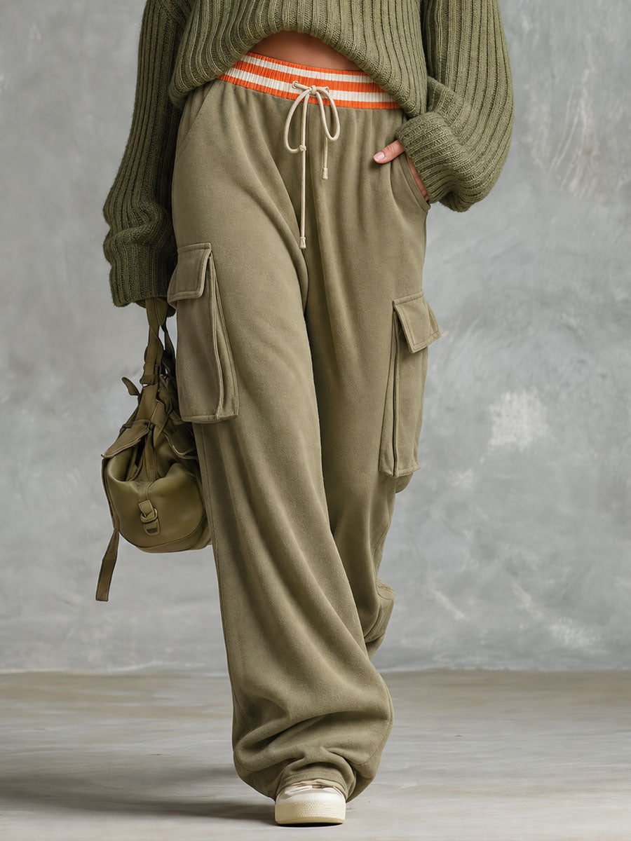 Casual Retro Olive Green Drawstring Wide-Leg Cargo Sweatpants