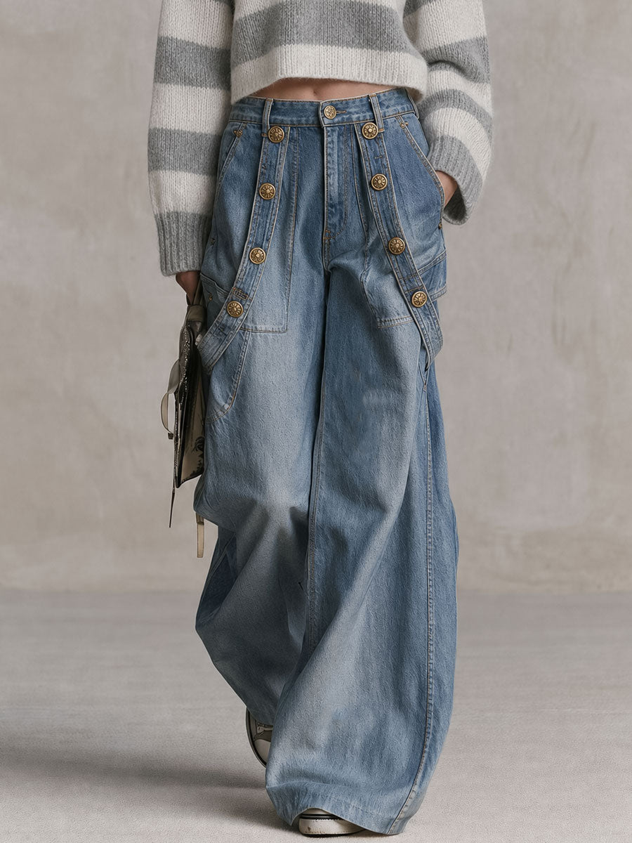 Retro Blue High-Waisted Multi-Pocket Button-Detail Wide-Leg Denim Cargo Pants