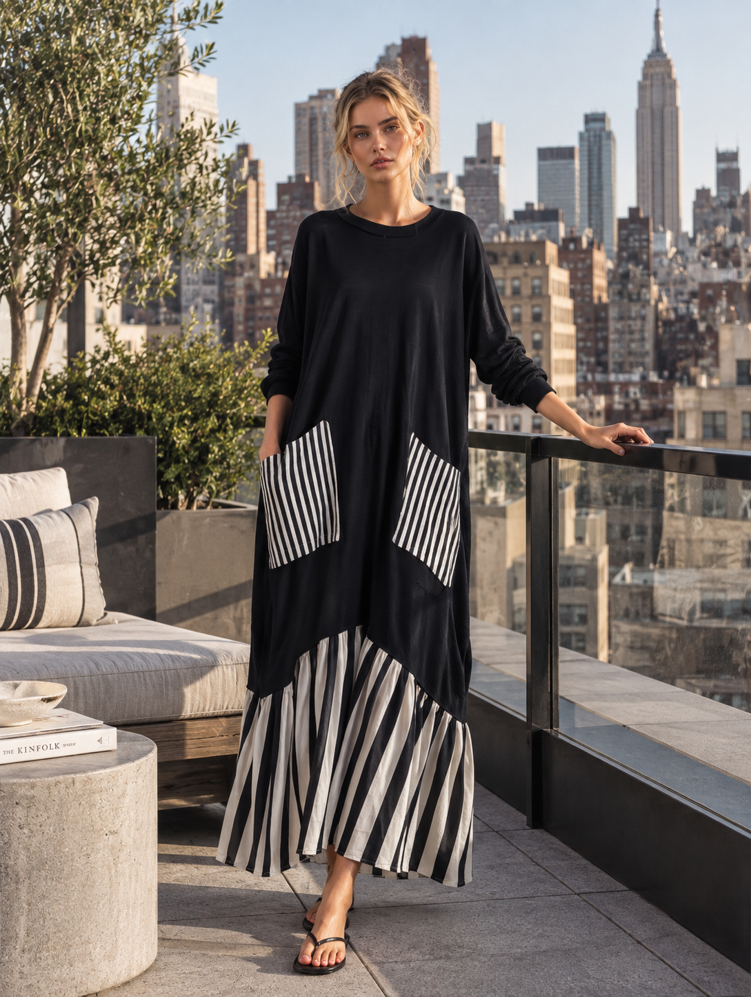 Casual Minimalist Black Cotton Patchwork-style Striped Oversized Maxi Dress