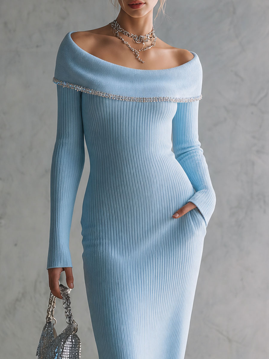 Retro Elegant Light Blue Off-Shoulder Rhinestone-Trimmed Ribbed Knit Midi Dress