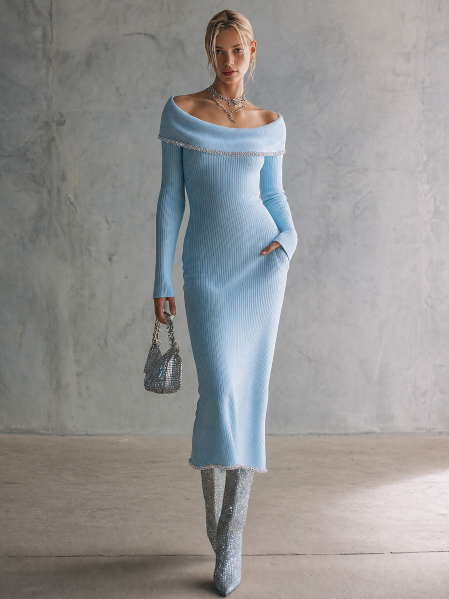 Retro Elegant Light Blue Off-Shoulder Rhinestone-Trimmed Ribbed Knit Midi Dress