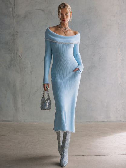 Retro Elegant Light Blue Off-Shoulder Rhinestone-Trimmed Ribbed Knit Midi Dress