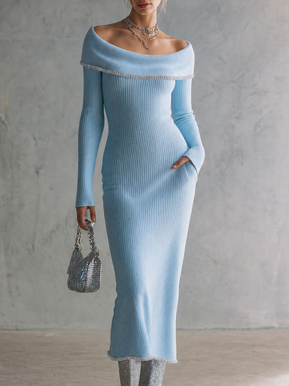 Retro Elegant Light Blue Off-Shoulder Rhinestone-Trimmed Ribbed Knit Midi Dress