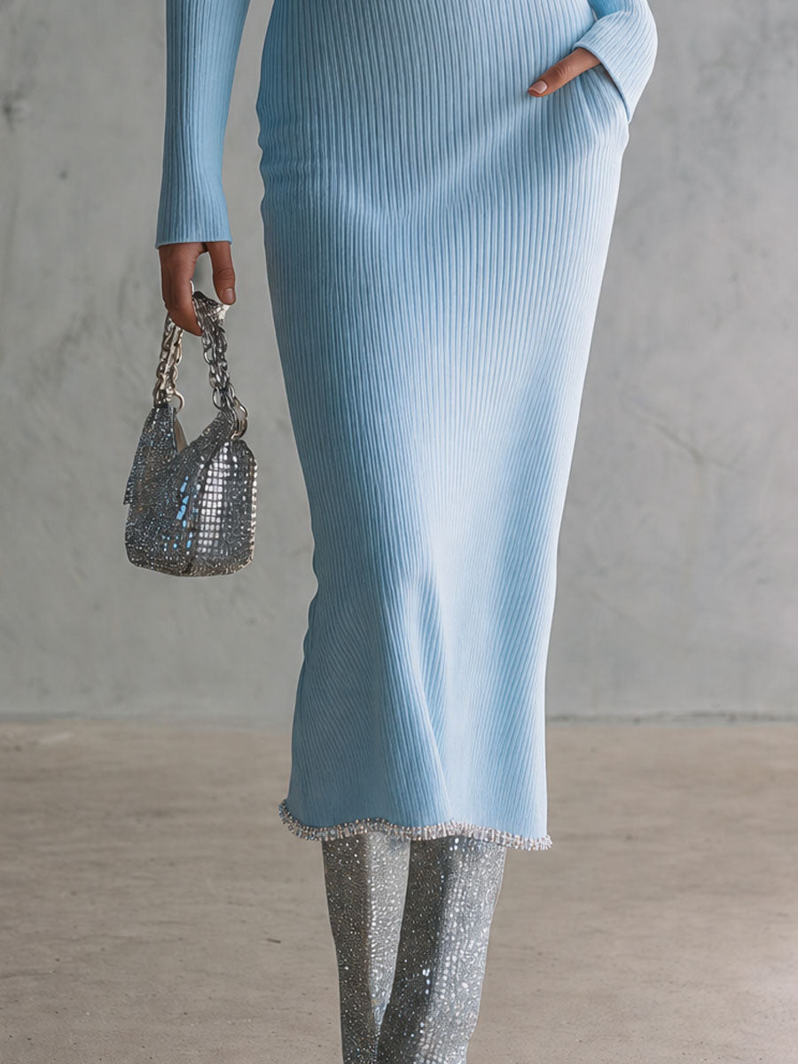 Retro Elegant Light Blue Off-Shoulder Rhinestone-Trimmed Ribbed Knit Midi Dress