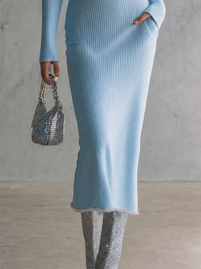 Retro Elegant Light Blue Off-Shoulder Rhinestone-Trimmed Ribbed Knit Midi Dress