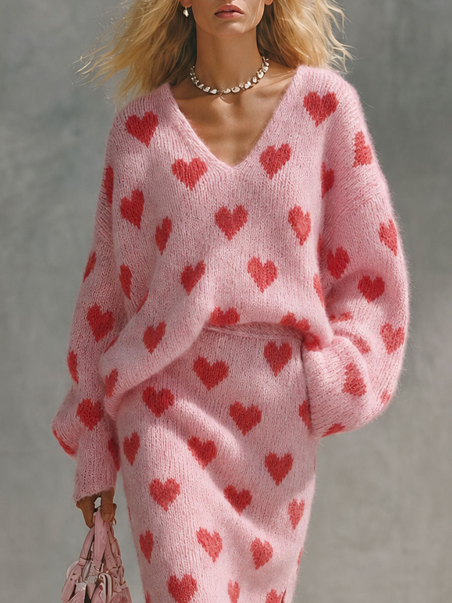 Retro Pink Heart-patterned V-neck Mohair Knit Top And Slit Midi Skirt Set