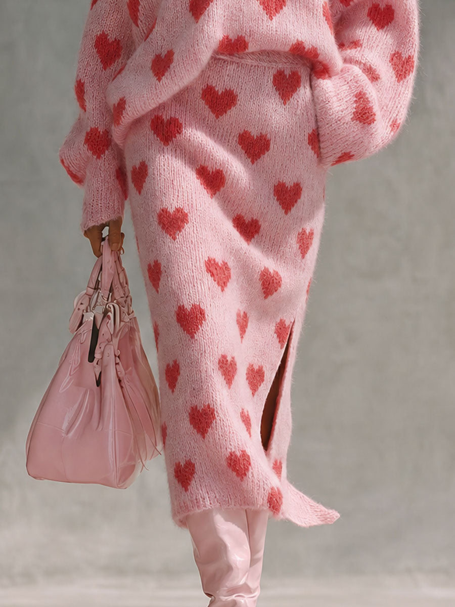 Retro Pink Heart-patterned V-neck Mohair Knit Top And Slit Midi Skirt Set
