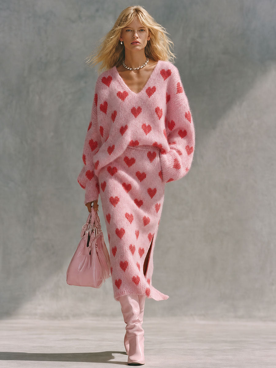 Retro Pink Heart-patterned V-neck Mohair Knit Top And Slit Midi Skirt Set