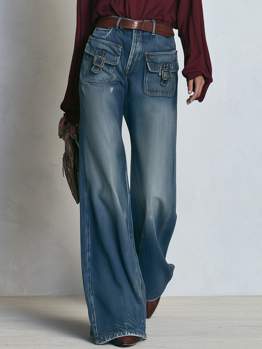Women’s Wide Leg Denim Pants With Utility Pockets
