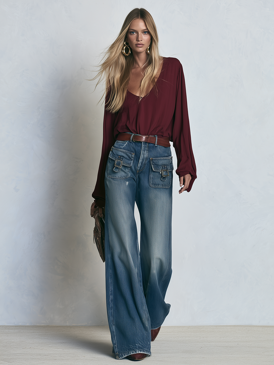 Women’s Wide Leg Denim Pants With Utility Pockets