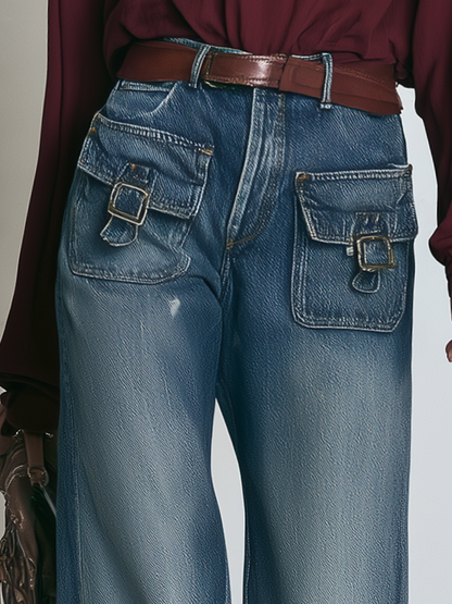 Women’s Wide Leg Denim Pants With Utility Pockets