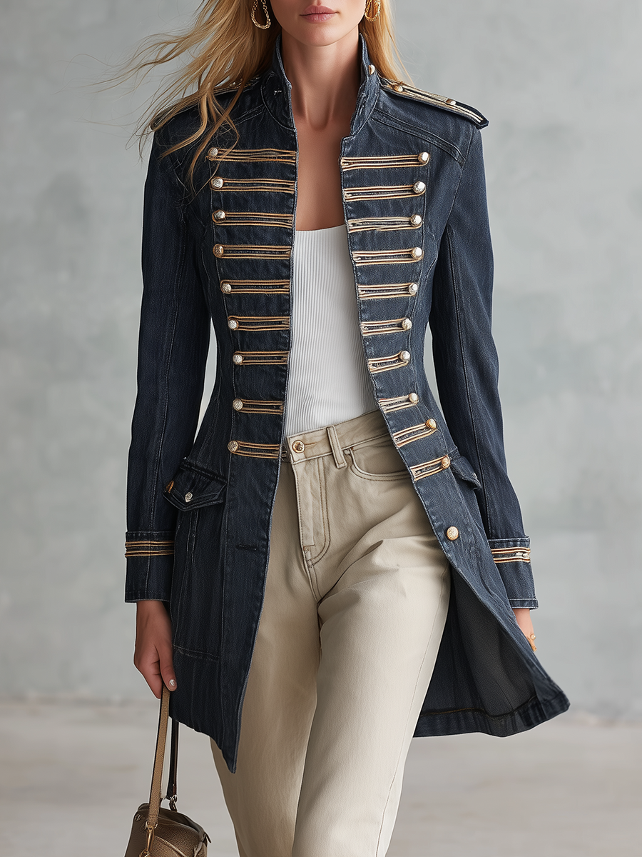 Women’s Denim Military Jacket With Gold Trim