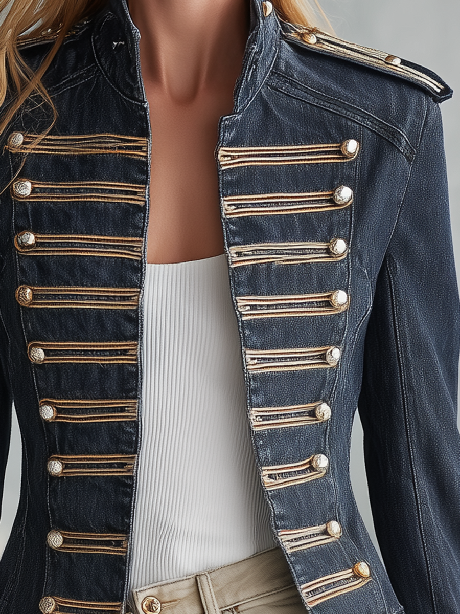 Women’s Denim Military Jacket With Gold Trim