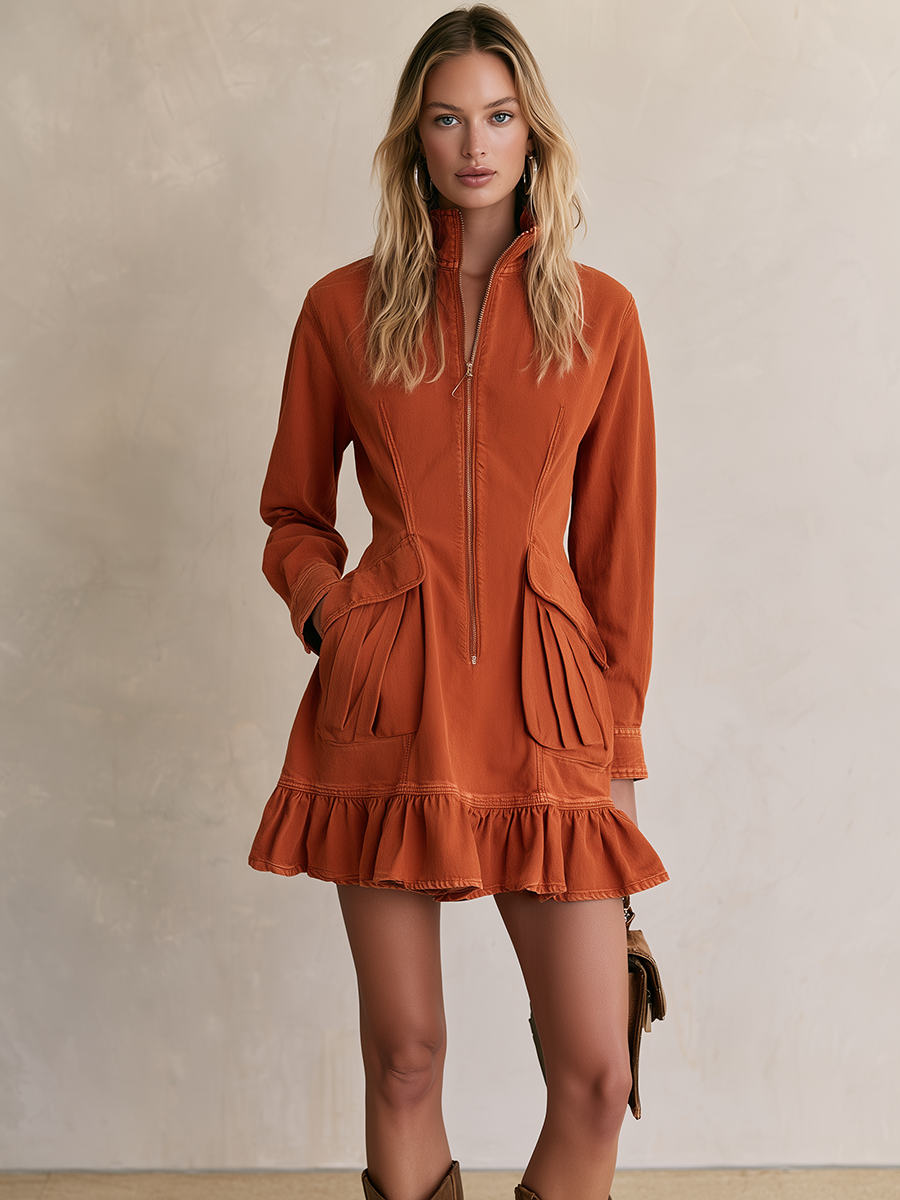 Women’s Rust Zip Front Mini Dress With Ruffle Hem