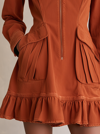 Women’s Rust Zip Front Mini Dress With Ruffle Hem