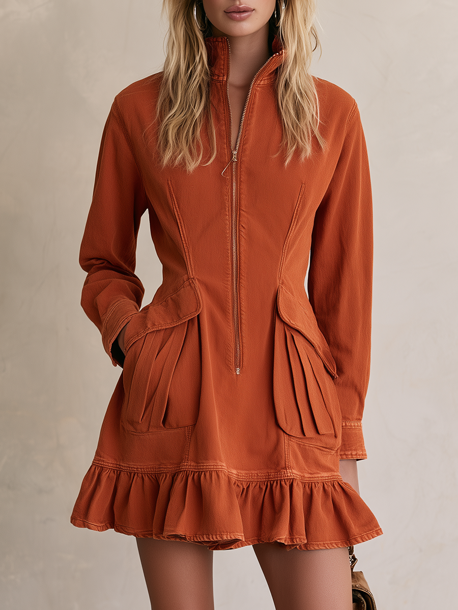 Women’s Rust Zip Front Mini Dress With Ruffle Hem