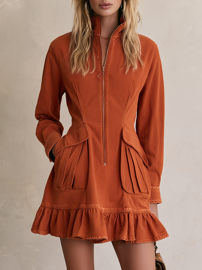 Women’s Rust Zip Front Mini Dress With Ruffle Hem