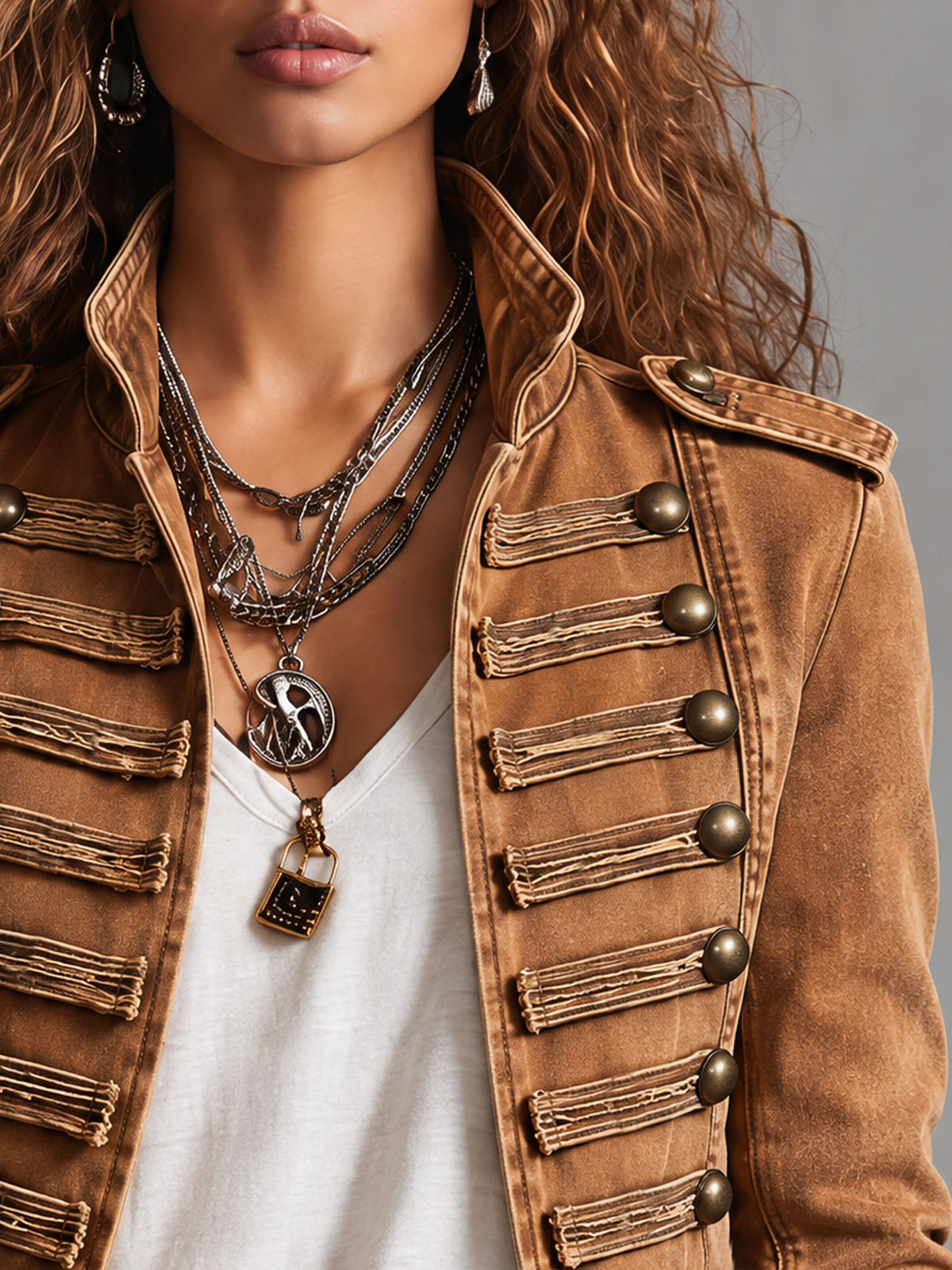 Military-style Camel Denim Stand-up Collar Double-breasted Short Jacket