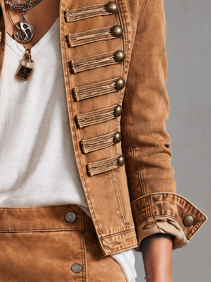 Military-style Camel Denim Stand-up Collar Double-breasted Short Jacket