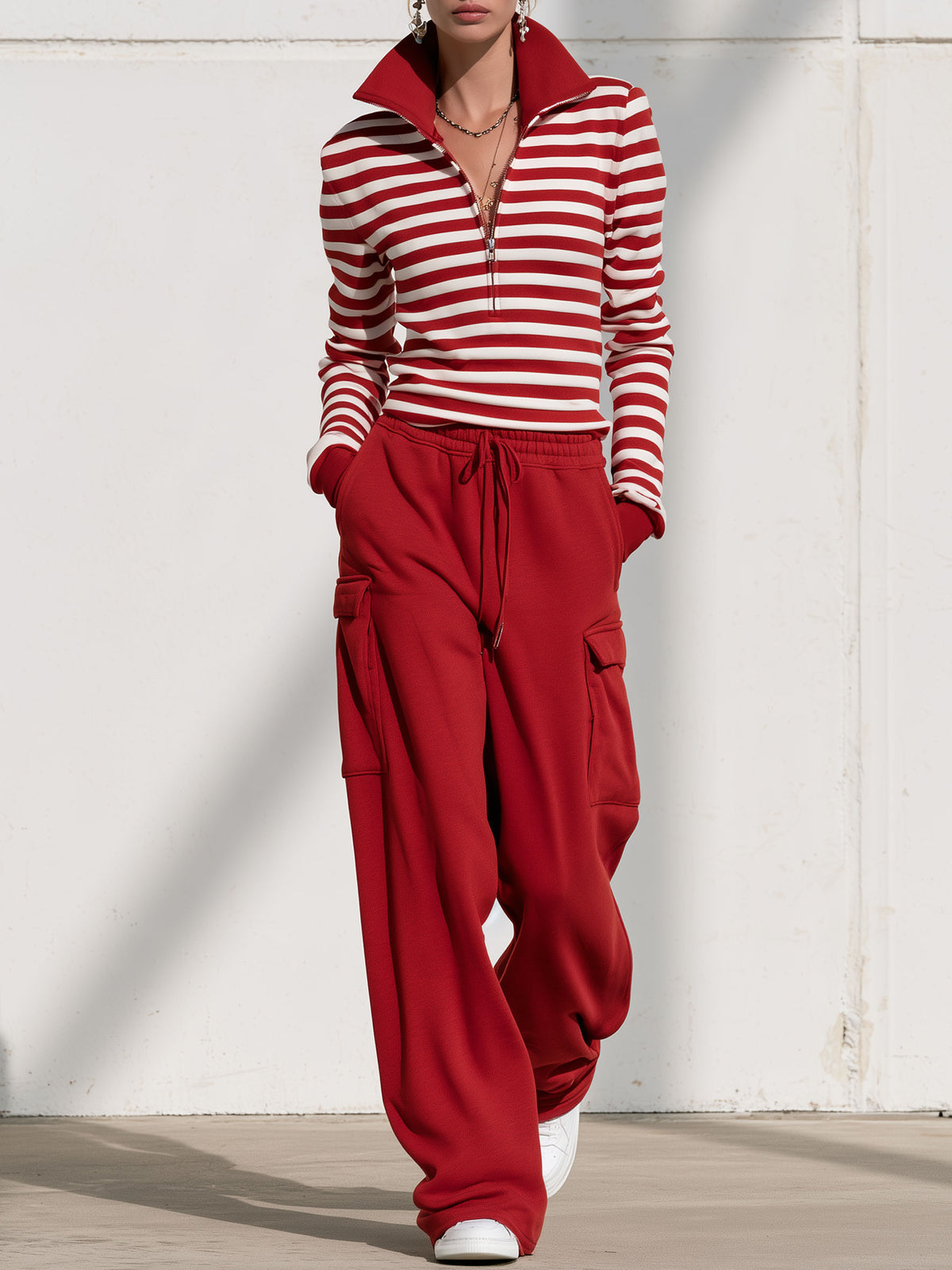 Fashionable Sporty Striped Sweatshirt And Red Cargo Pants Set With Half-zip