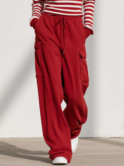 Fashionable Sporty Striped Sweatshirt And Red Cargo Pants Set With Half-zip