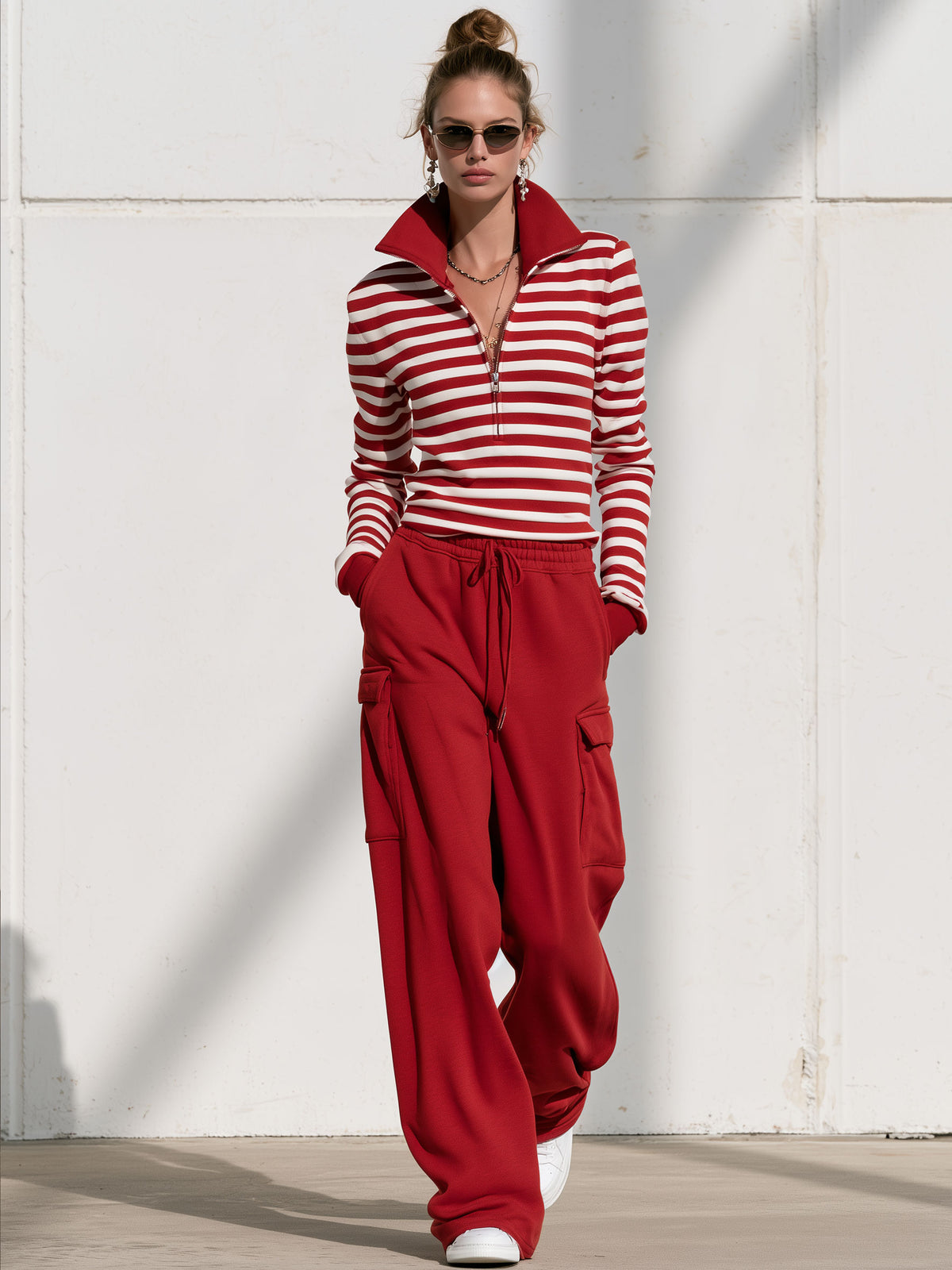 Fashionable Sporty Striped Sweatshirt And Red Cargo Pants Set With Half-zip