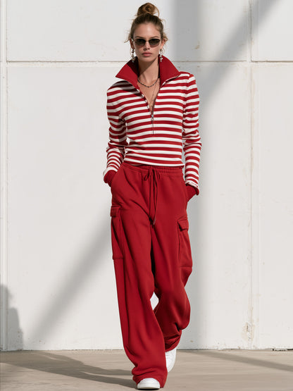 Fashionable Sporty Striped Sweatshirt And Red Cargo Pants Set With Half-zip