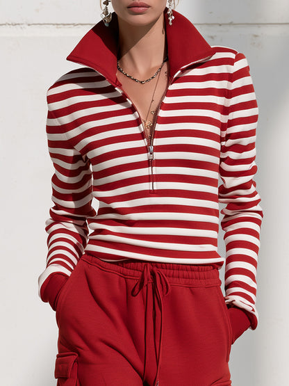 Fashionable Sporty Striped Sweatshirt And Red Cargo Pants Set With Half-zip