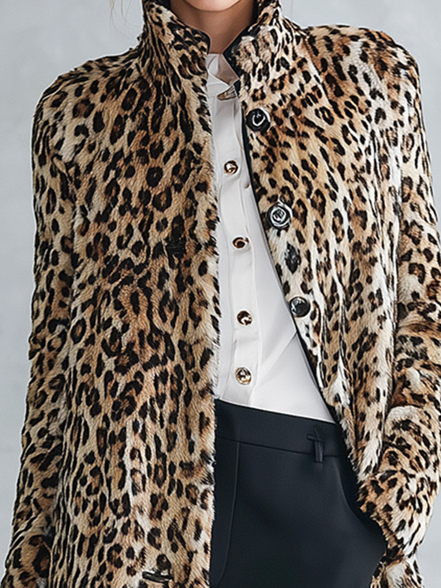 Premium Faux Short-Pile Leopard Print Stand-Collar Coat