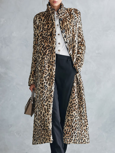 Premium Faux Short-Pile Leopard Print Stand-Collar Coat