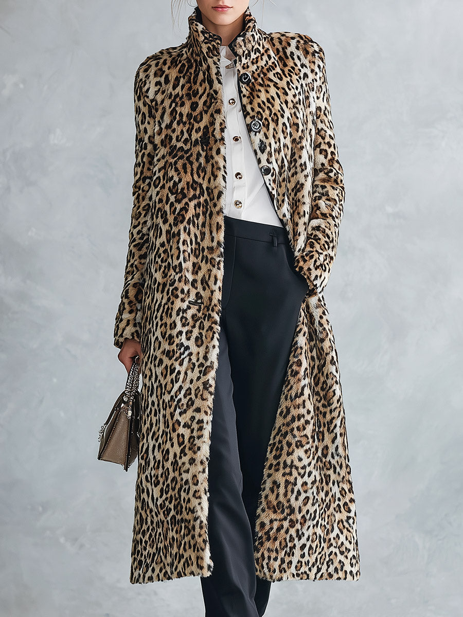 Premium Faux Short-Pile Leopard Print Stand-Collar Coat
