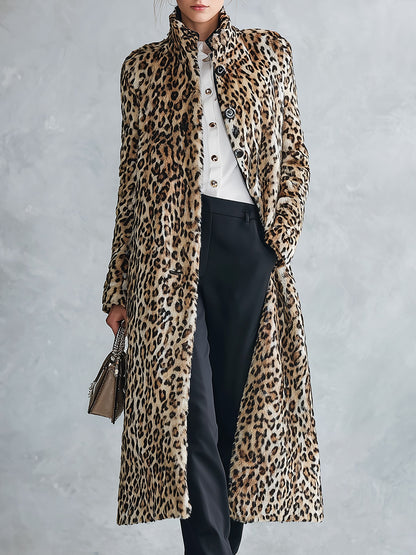 Premium Faux Short-Pile Leopard Print Stand-Collar Coat