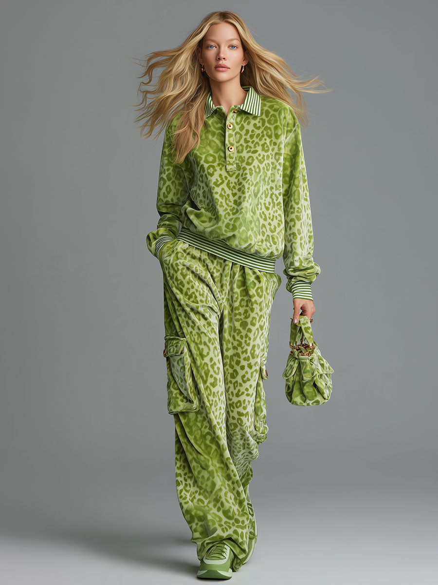 Retro Sporty Green Leopard-Print Velvet Polo Top And Cargo Pants Set